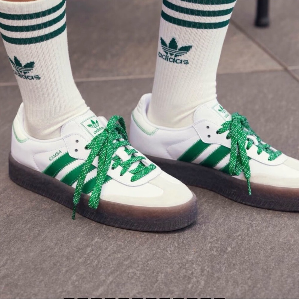 NWT Adidas White Sambae with Green Stripes/Gum bottom -size 7W